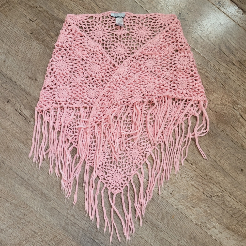 Vintage Y2k Pink Crochet Fringe Shawlp
